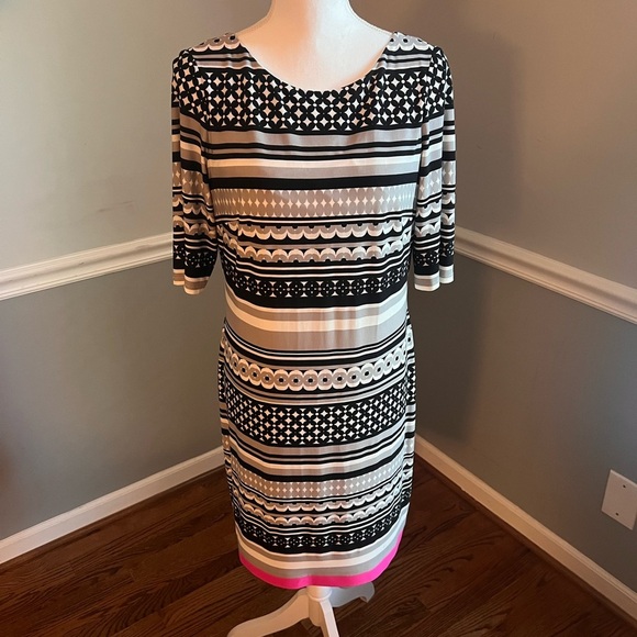 Eliza J. Geometric Print Black White Pink Shift Dress - Size 10 - Picture 2 of 8
